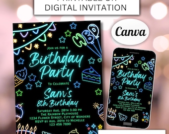 Neon Lights Birthday Invite, Lets Party invitation, Glow Party, Neon Birthday Invitation, Editable Canva Template, Any Age, Custom Text