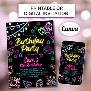 Invito di compleanno con luci al neon, invito per una festa, festa luminosa, invito di compleanno al neon, modello Canva modificabile, qualsiasi età, testo personalizzato