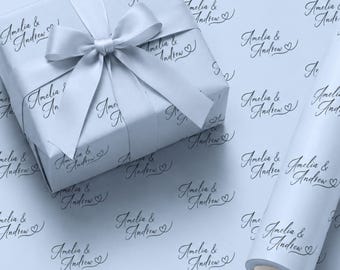 Dusty Blue Engaged Wrapping Paper Rolls Repeating Name Wedding Anniversary Giftwrap Giftwrap Personal Giftwrap Future Last Name Mr and Mrs