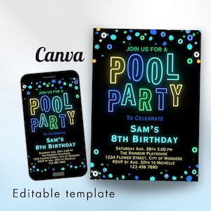 Neon Pool Party Birthday Invitation Boys Blue Green Summer Invite Glow Pool Party Canva Swim Party E-vite birthdayinvitation Editableinvite