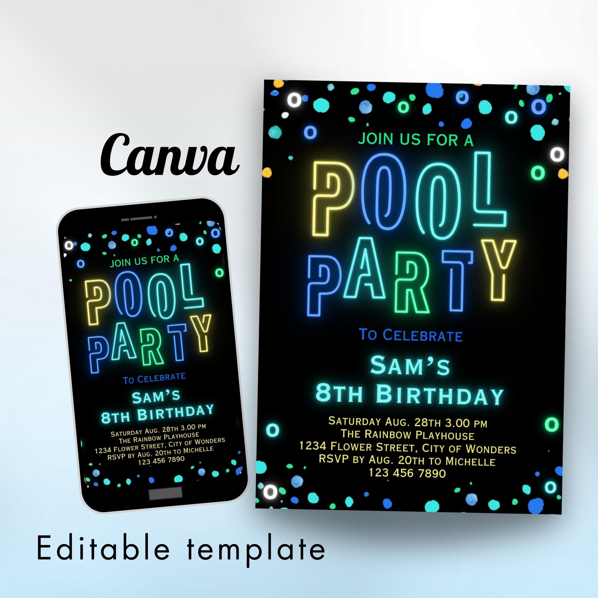 Neon Pool Party Birthday Invitation Boys Blue Green Summer Invite Glow Pool Party Canva Swim Party E-vite birthdayinvitation Editableinvite
