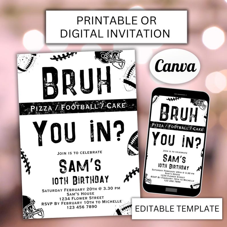 Canva football template
birthdayinvitation
boy basketball invit
sporting party
minimalistic sport
teenage birthday
editable template
sport party invite
bruh invitation boys
boy football Invite
nfl birthday invite
nfl invitation
Tween Sporting