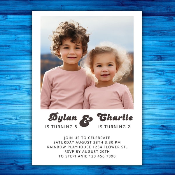 Invitation d'anniversaire modifiable de jumeaux pour 2 personnes Anniversaire combiné pour deux anniversaires, inviter un frère ou une sœur, une photo de jumeaux modernes