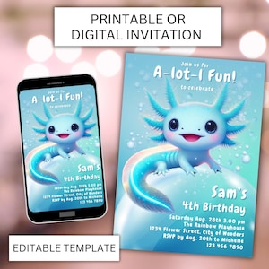 Boy Axolotl Birthday Invite Neon Glow Boy Axolotl Party Digital Invite Editable Canva Template Axolotlcute Customizable Alotl Fun cuteaxolot