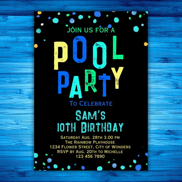 Pool Party Birthday Invitation Boys Blue Green Summer Invite Pool Party Canva Swim Party E-vite birthdayinvitation 10thbirthdayinvite E-vite