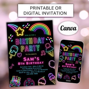 Puede incluir: Invitación de fiesta de cumpleaños arcoíris de neón con fondo negro. La invitación presenta un arcoíris, una estrella, conos de helado, paletas de hielo, un pastel y una pizza. El texto de la invitación dice "Únete a nosotros para una fiesta de cumpleaños para celebrar el octavo cumpleaños de Sam".