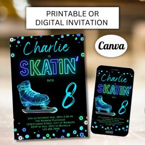 Puede incluir: Una invitación digital negra y azul para una fiesta de cumpleaños. La invitación presenta un gráfico de neón verde y azul de una persona patinando sobre hielo con el texto "Charlie is Skatin' into 8".