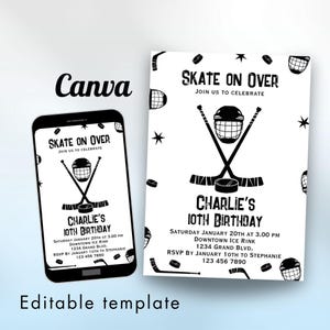 Invitación de cumpleaños de hockey sobre hielo, plantilla de Canva para invitación de patinaje sobre hielo, fiesta de cumpleaños de hockey infantil imprimible, patinaje de invierno de doble cara, editable