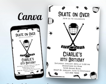 Ice Hockey Birthday Party Invitation Ice-Skating Invite Canva Template Kids Hockey Bday Party Printable Double Sided Winter Skating Editable