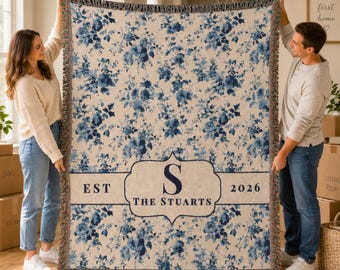 Personalized Throw Blanket Wedding Gift Anniversary Present Housewarming Celebration Custom Monogram Last Name Floral Toile Pattern Textile