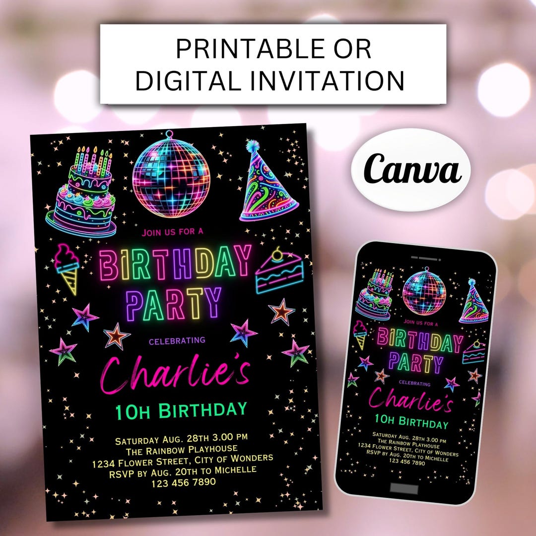 Neon Invitation Template Girl Neon Invite Neon Glow Invite Customisable Neon Invitation Template Girl Neon Invite Neon Glow Invite Customisable