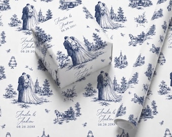 Wedding Wrapping Paper Custom Name Bride Groom Gift Wrap Personalized Bridal Shower Chinoiserie Toile Customised Engagement Party Navy Blue