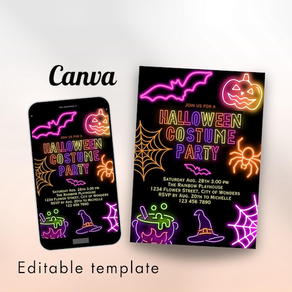 Neon Halloween Party Invite invite Spooktacular Costume Party Neon Invitation halloween DIY Kids Cute invite halloween invitation Editable