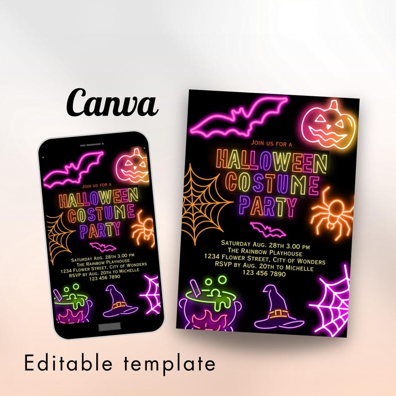 Neon Halloween Party Invite invite Spooktacular Costume Party Neon Invitation halloween DIY Kids Cute invite halloween invitation Editable