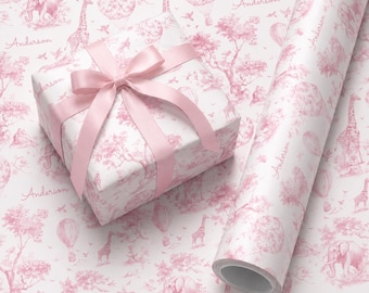 Pink Toile Safari Personalized Gift Wrapping Paper Baby Shower Giftwrap Custom Name Giftwrap Girl  Baby Gift Personalizedwrap Toile Wrapping
