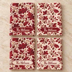 Personalized Tea Towel Custom Last Name Kitchen Towel Burgundy Cream New Couple Housewarming Present Thanksgiving Hostess Gift Idea for Fall