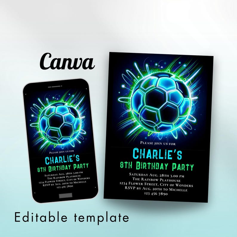 Soccer birthday invitation neon boy birthday party invite instant download editable
Neon Soccer Invite Template Sports Invitation Sport Invite Football Invite Editable Neon Invitation Sneakerball Birthday Invitation Template