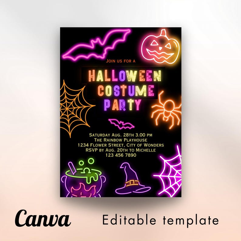 Neon Halloween Party Invite invite Spooktacular Costume Party Neon Invitation halloween DIY Kids Cute invite halloween invitation Editable