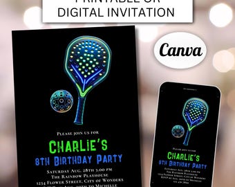 May include: Printable or digital invitation for Charlie's 8th birthday party. The invitation features a neon green and blue paddleball with a black background. The text on the invitation reads "Please join us for Charlie's 8th Birthday Party" and includes the date, time, location, and RSVP information.