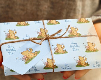 Blue Winnie the Pooh Wrapping Paper Baby Boy Classic Pooh Baby Shower Gift Wrap Storybook Nursery Theme Wrapping Paper First Birthday Gift