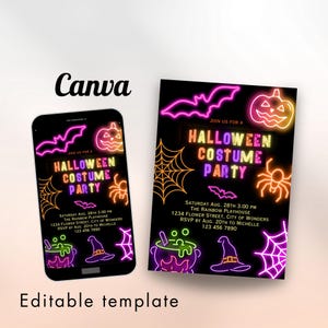Neon Halloween Party Invite invite Spooktacular Costume Party Neon Invitation halloween DIY Kids Cute invite halloween invitation Editable