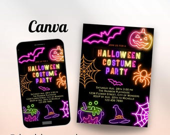 Neon Halloween Party Invite invite Spooktacular Costume Party Neon Invitation halloween DIY Kids Cute invite halloween invitation Editable