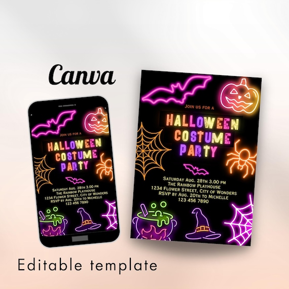 Neon Halloween Party Invite invite Spooktacular Costume Party Neon Invitation halloween DIY Kids Cute invite halloween invitation Editable