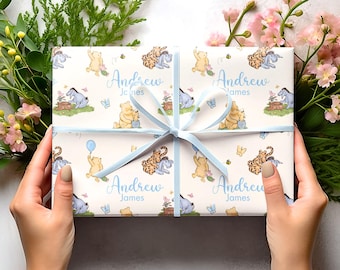 Classic Winnie Pooh Baby Shower Gift Wrapping Paper Personalized Custom Name Baptism Christening Newborn Boy Girl First Birthday Party