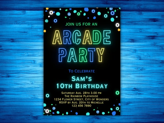 Arcade Birthday Party Invitation Boy Blue Green Neon Gaming Invite Glow Gaming Party Boy Arcade Party Canva E-vite birthdayinvitation E-vite