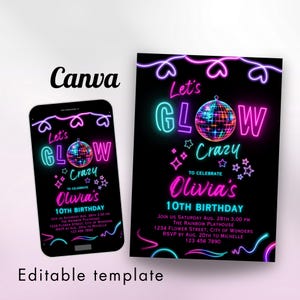 Neon Lights Birthday Invite Lets Party invitation Lets Glow Crazy Party Neon Birthday Invitation Editable Canva Template Any Age Custom Text