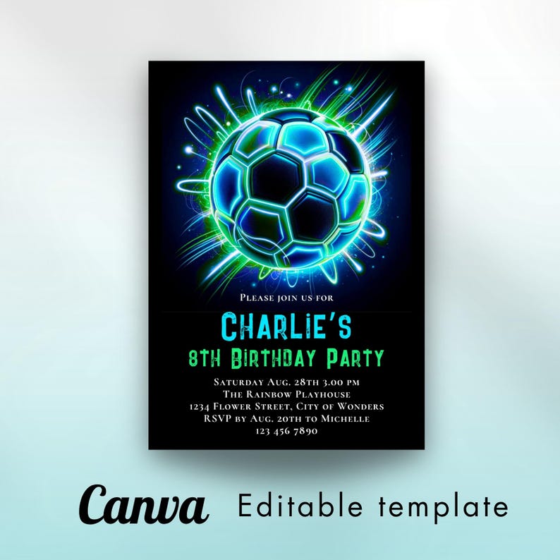 Soccer birthday invitation neon boy birthday party invite instant download editable
Neon Soccer Invite Template Sports Invitation Sport Invite Football Invite Editable Neon Invitation Sneakerball Birthday Invitation Template