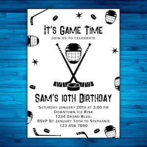 Faire-part d'anniversaire hockey sur glace, patinage sur glace, modèle de toile, fête d'anniversaire de hockey pour enfants imprimable, patinage d'hiver recto-verso