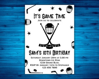 Ice Hockey Birthday Party Invitation, Ice-Skating Invite, Canva Template, Kids Hockey Bday Party Printable, Double Sided Winter Skating