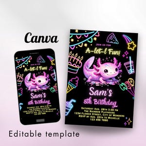 Mall för söt Axolotl-födelsedagsinbjudan, digital Axolotl-inbjudan i neon, redigerbar Canvas-mall, söt Axolotl-flicka, dekorationer