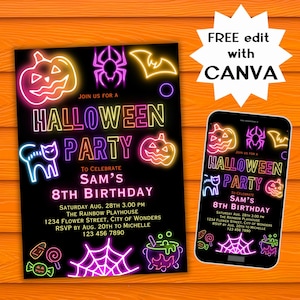 Convite neon para festa de halloween, convite booday, convite assustador, neon, halloween, faça você mesmo, convite de aniversário, editável