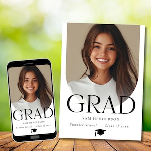 May include: A graduation announcement featuring a photo of a person with brown hair smiling. The announcement includes the text "GRAD" in large black letters, "SAM HENDERSON", "Sunrise School", and "Class of 20xx".
