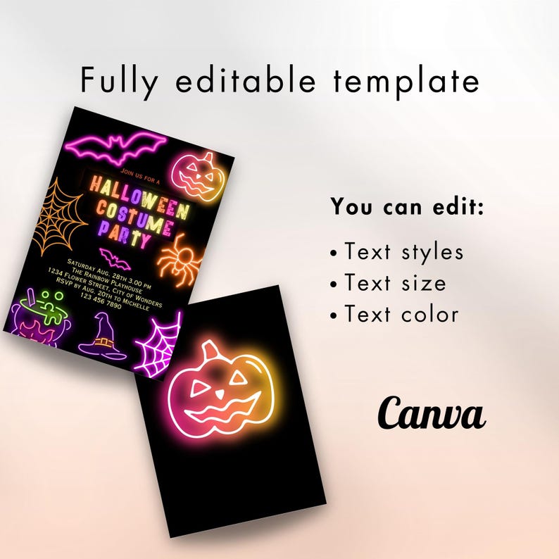 Neon Halloween Party Invite invite Spooktacular Costume Party Neon Invitation halloween DIY Kids Cute invite halloween invitation Editable