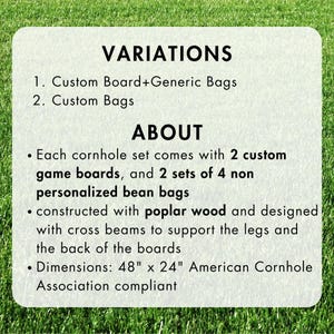 May include: White card with text about cornhole sets, including variations and dimensions of 48" x 24". The sets include custom game boards and bean bags made of poplar wood.