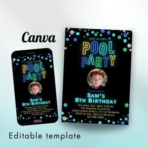Neon Pool Party Birthday Invitation Photo birthdayinvitation Boys Blue Green Summer Invite Glow Pool Party Canva Swim Party E-vite