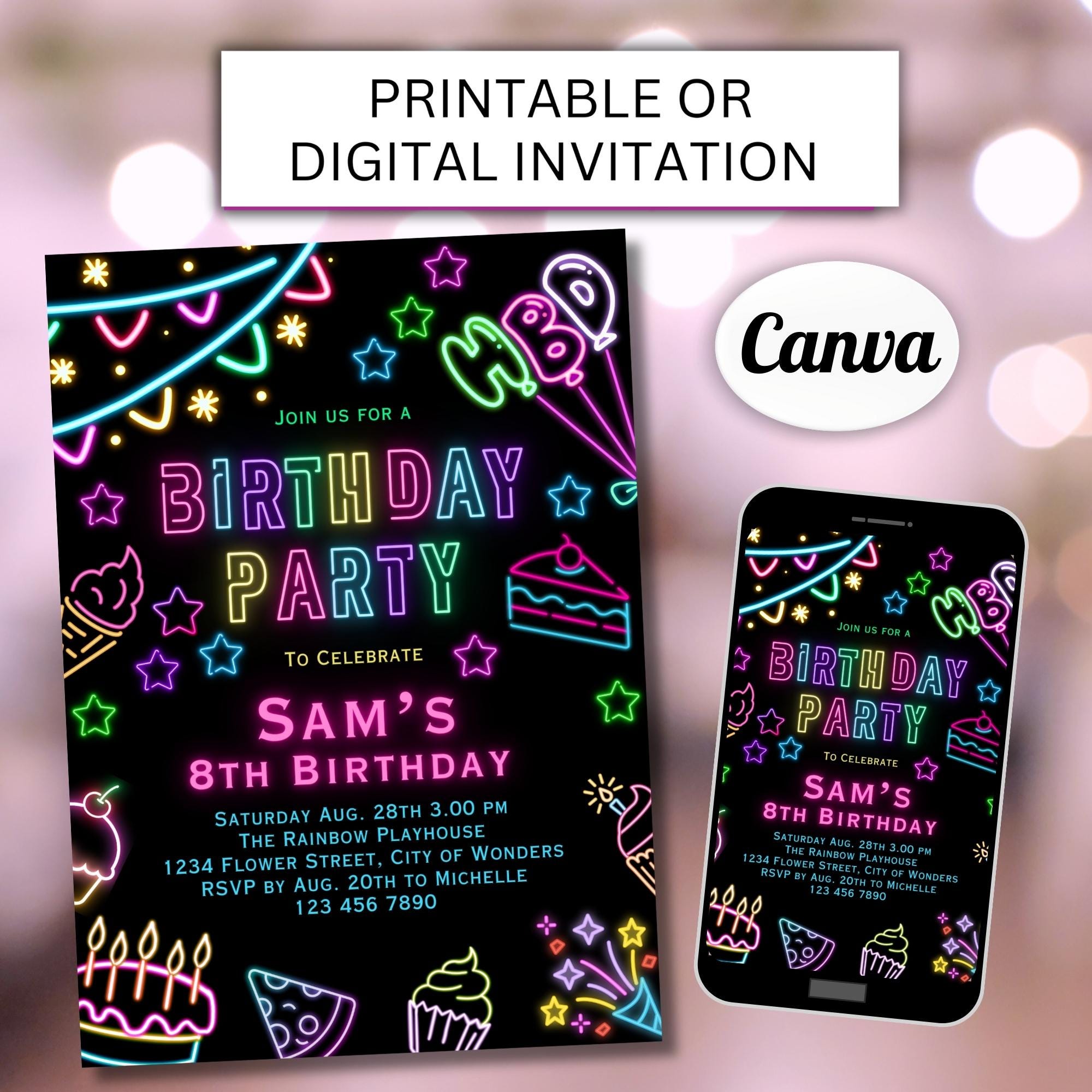 Neon Invitation Template Girl Neon Invite Neon Glow Invite Customisable Neon Invitation Template Girl Neon Invite Neon Glow Invite Customisable