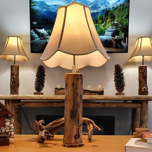 Lamp (1): Rustic Cabin Style Log Lamp, One of a Kind Oak Wood Design (Bulb & Lamp Shade included)