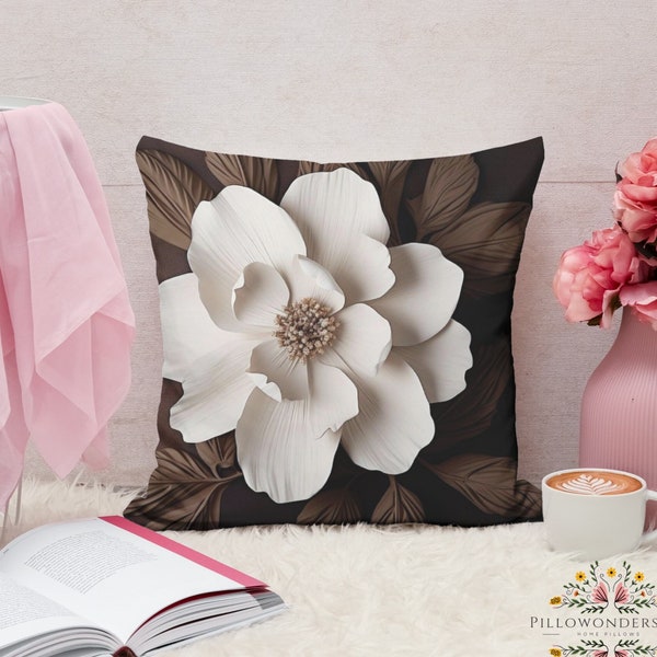 Chocolate Brown Floral Pillow, White Floral Throw Pillow, Decorative Pillows, Modern Home Pillows, Accented Pillow, White Floral, Pillows