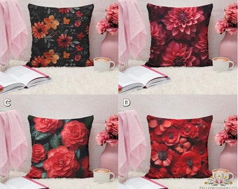 Red & Burgundy Floral Pillow Cover, Floral Cushion Case, Flower Sofa Pillow Cases, Burgundy Floral Couch Decor Cover, Modern Home Decor