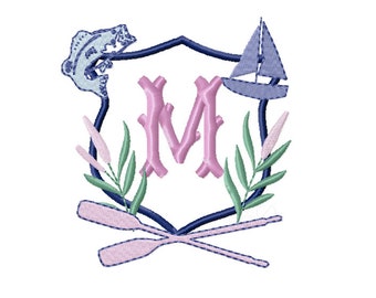 Family Crest Laurel Wreath Lake Embroidery Monogram Design Instant Download Font 4x4 5x7 6x10 BX PES Herrington Design