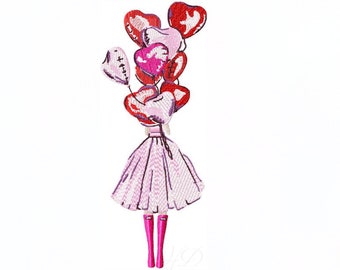 Fashion Girl Holding Heart Balloons Valentine's Day Galentine's Day  Instant download 4x4 5x7 6x10 PES BX All Formats Herrington Design