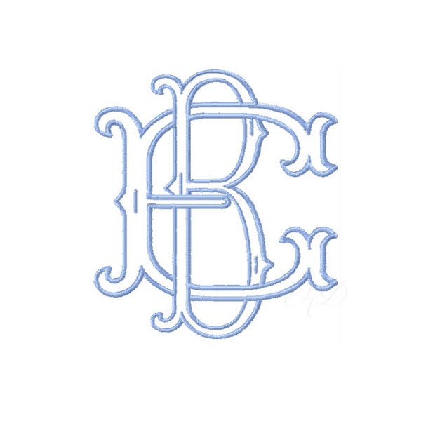 26 Letter B 3.6" Two Letter Type Fishtail Outline Embroidery Monogram Formal Type Woven Interlocking Fonts Herrington Design 4x4 PES BX