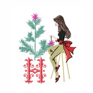 Fashion Girl Decorating Christmas Tree Designer Monogram embroidery design Instant download 4x4 5x7 6x10 PES BX Herrington Design