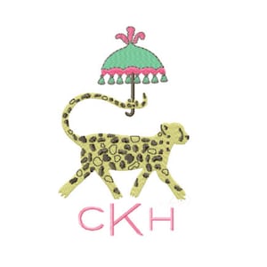 Chinoiserie Chic Cheetah with Umbrella Monogram embroidery design Instant download 4x4 5x7 6x10 PES BX Herrington Design