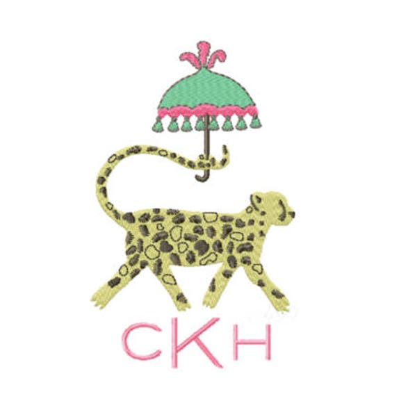 Chinoiserie Chic Cheetah with Umbrella Monogram embroidery design Instant download 4x4 5x7 6x10 PES BX Herrington Design