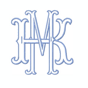 26 Letter M 3.6" Two Letter Type Fishtail Outline Embroidery Monogram Formal Type Woven Interlocking Fonts Herrington Design 4x4 PES BX